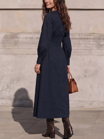 Lucile | Robe Chemise Midi Bleu Marine à Taille Corset