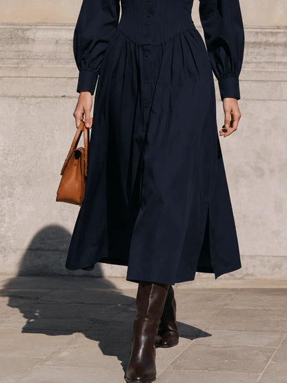 Lucile | Robe Chemise Midi Bleu Marine à Taille Corset