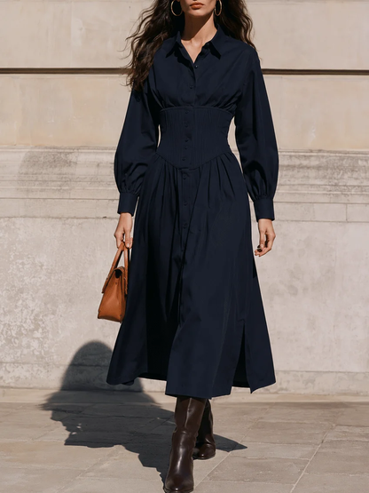 Lucile | Robe Chemise Midi Bleu Marine à Taille Corset