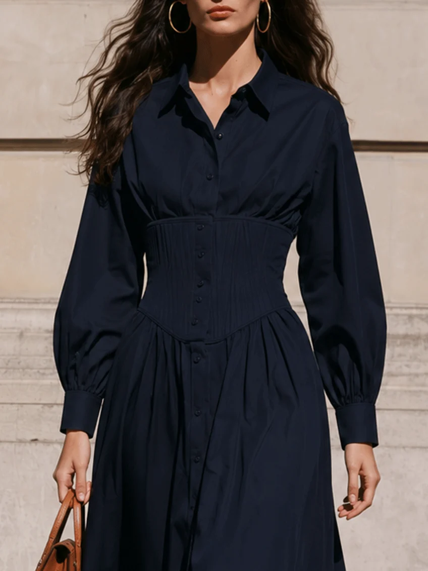 Lucile | Robe Chemise Midi Bleu Marine à Taille Corset