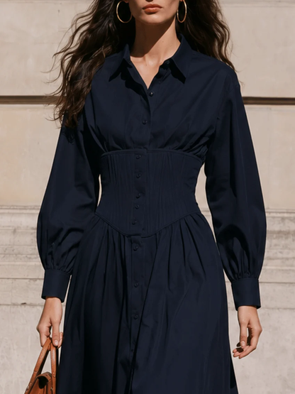 Lucile | Robe Chemise Midi Bleu Marine à Taille Corset