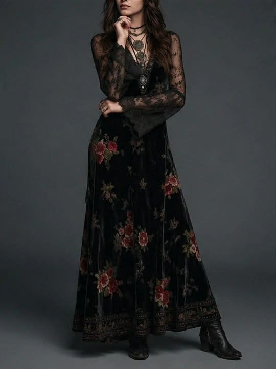 Marguerite | Robe Longue en Velours Noir à Imprimé Fleuri et Manches en Dentelle