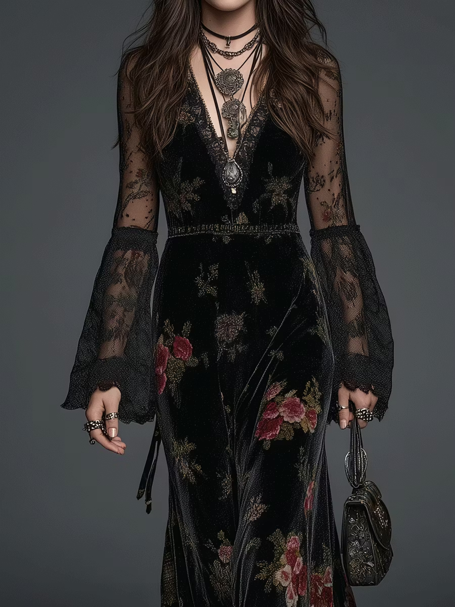 Marguerite | Robe Longue en Velours Noir à Imprimé Fleuri et Manches en Dentelle