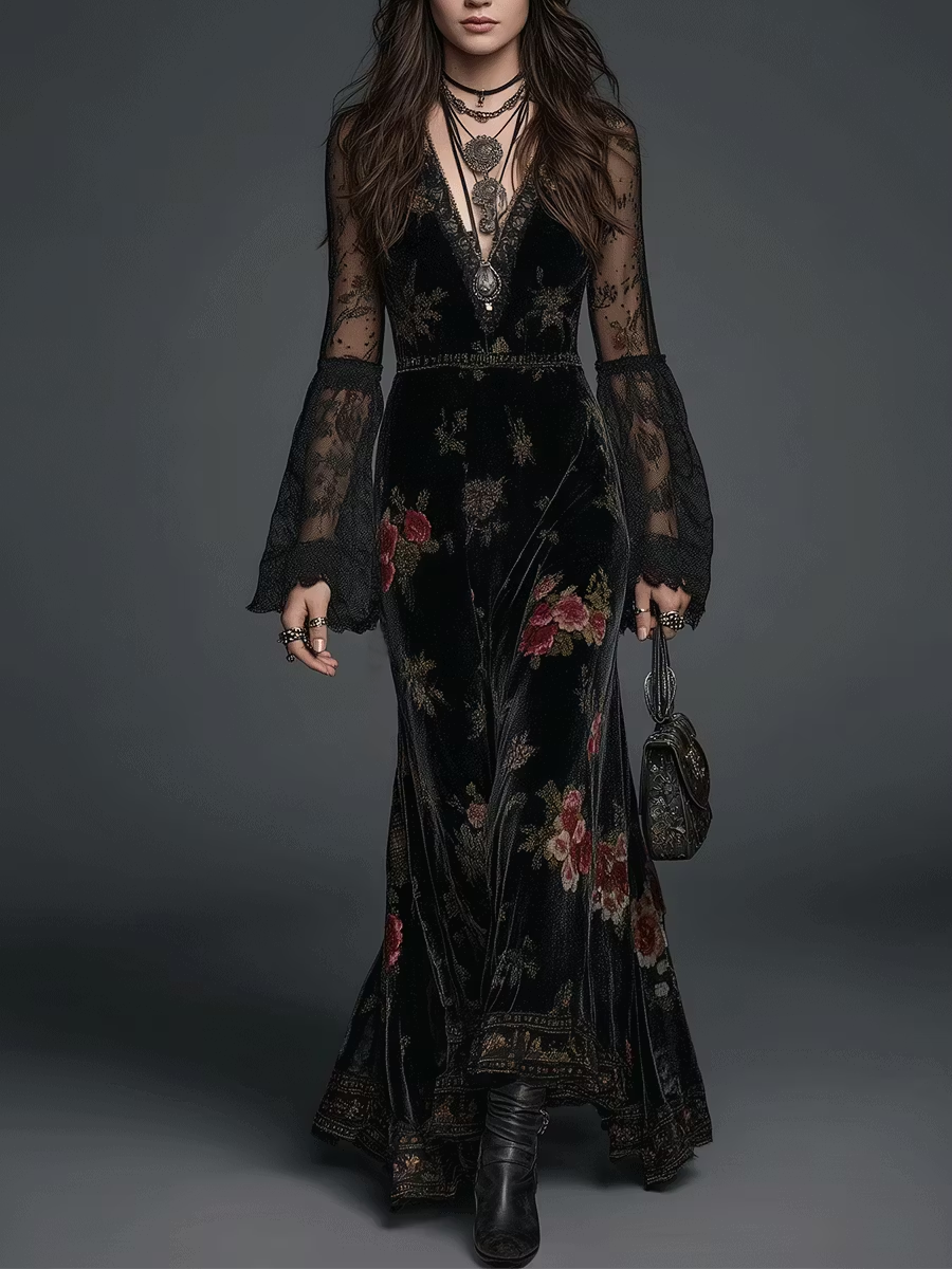 Marguerite | Robe Longue en Velours Noir à Imprimé Fleuri et Manches en Dentelle