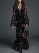 Marguerite | Robe Longue en Velours Noir à Imprimé Fleuri et Manches en Dentelle