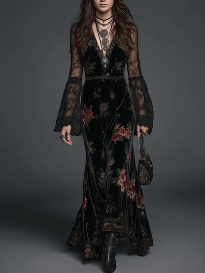 Marguerite | Robe Longue en Velours Noir à Imprimé Fleuri et Manches en Dentelle