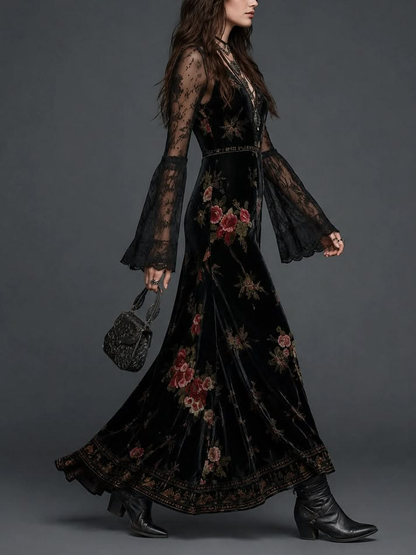 Marguerite | Robe Longue en Velours Noir à Imprimé Fleuri et Manches en Dentelle