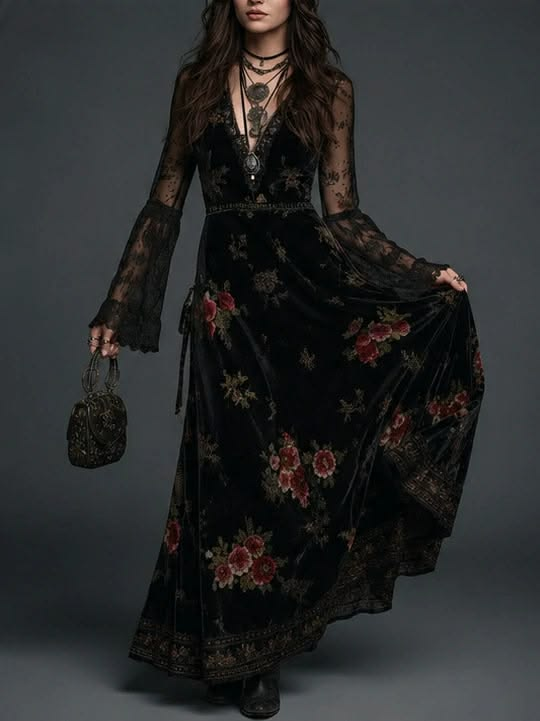 Marguerite | Robe Longue en Velours Noir à Imprimé Fleuri et Manches en Dentelle