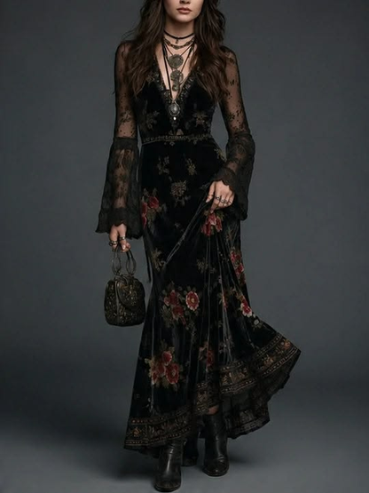 Marguerite | Robe Longue en Velours Noir à Imprimé Fleuri et Manches en Dentelle
