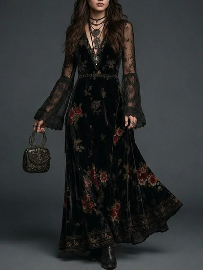 Marguerite | Robe Longue en Velours Noir à Imprimé Fleuri et Manches en Dentelle