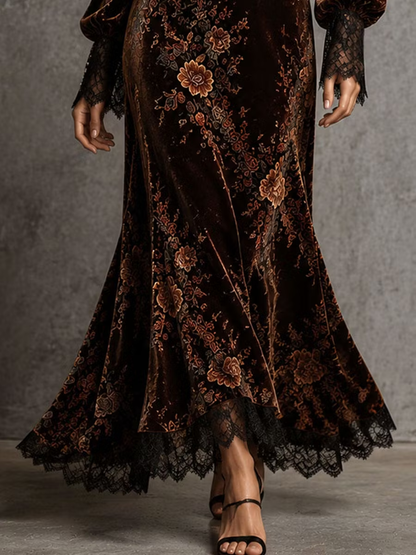 Maëlys | Robe Longue en Velours Marron Imprimé Fleuri à Col V en Dentelle et Manches Bouffantes