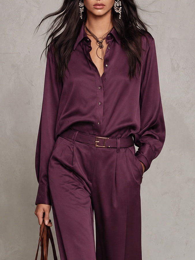 Micheline | Ensemble Deux Pièces en Satin Prune, Chemise et Pantalon Large (avec ceinture)