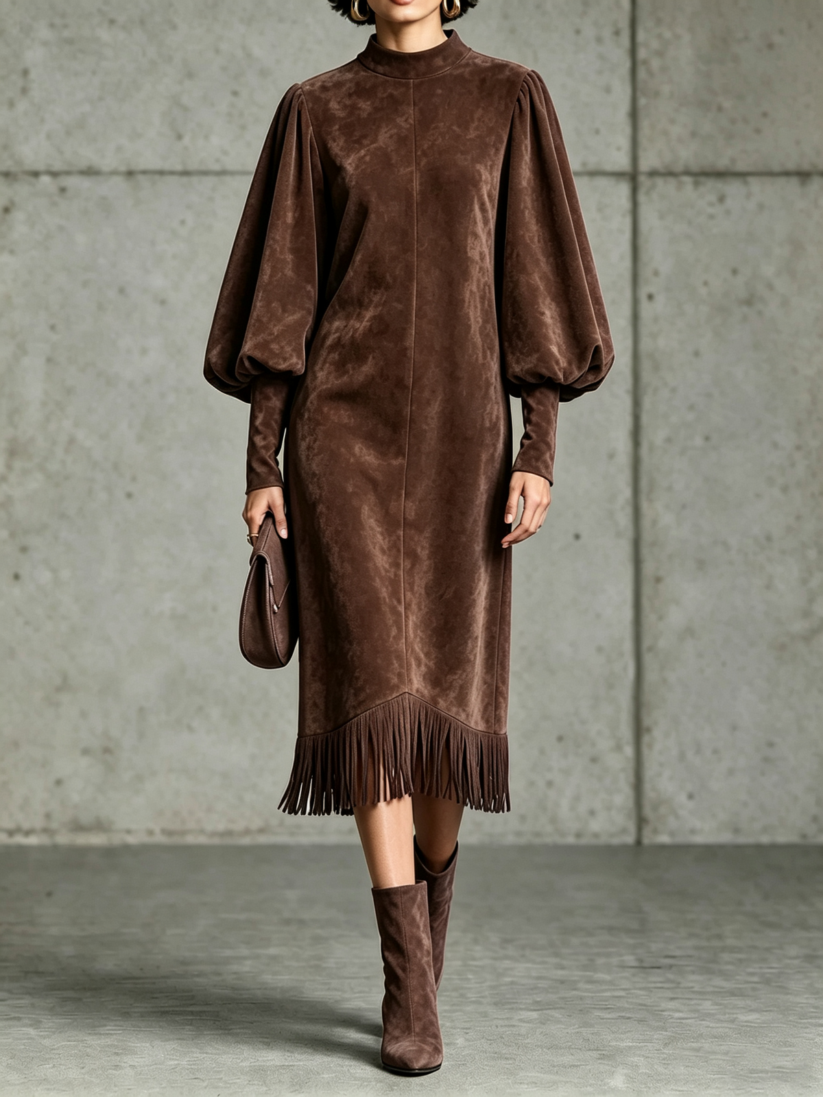 Séverine | Robe Midi en Suédine Marron Chocolat à Manches Ballon et Ourlet à Franges