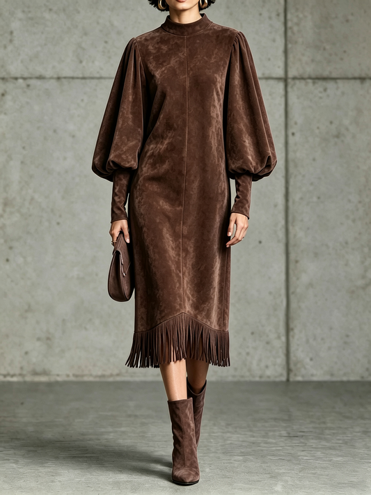 Séverine | Robe Midi en Suédine Marron Chocolat à Manches Ballon et Ourlet à Franges