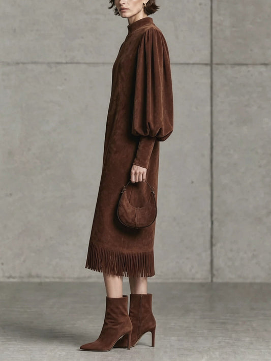 Séverine | Robe Midi en Suédine Marron Chocolat à Manches Ballon et Ourlet à Franges
