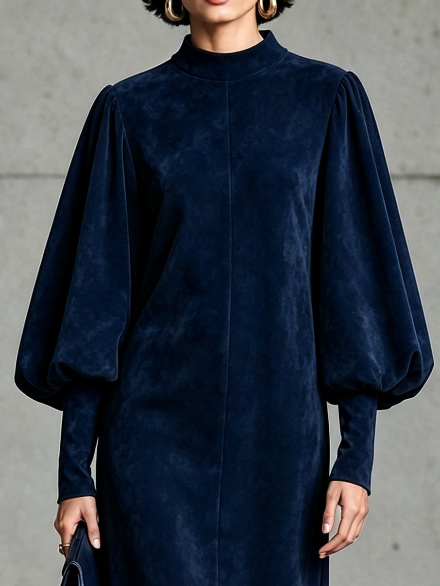 Simone | Robe Midi en Suédine Bleu Marine à Manches Ballon et Ourlet à Franges