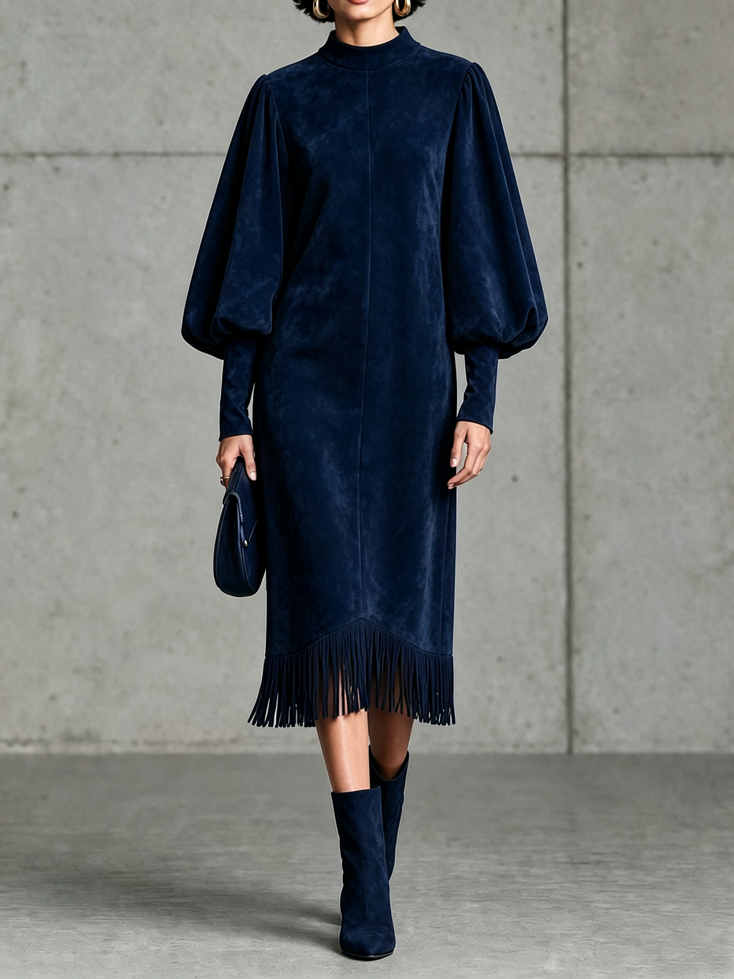 Simone | Robe Midi en Suédine Bleu Marine à Manches Ballon et Ourlet à Franges