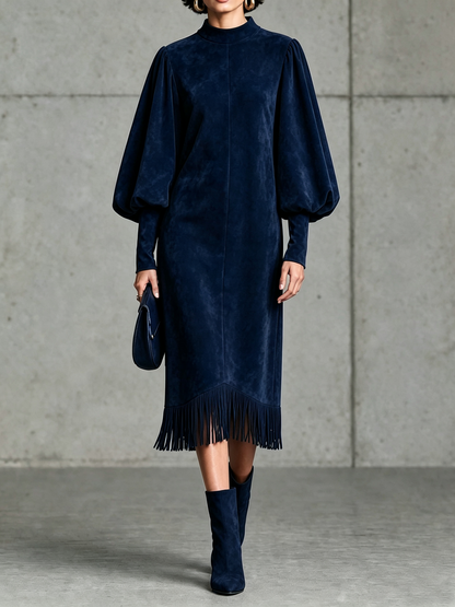 Simone | Robe Midi en Suédine Bleu Marine à Manches Ballon et Ourlet à Franges