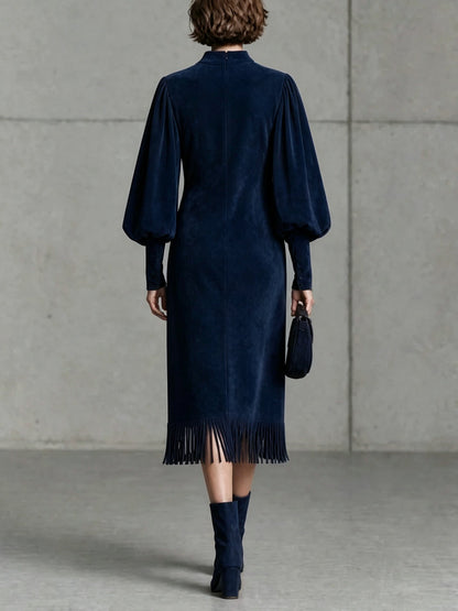 Simone | Robe Midi en Suédine Bleu Marine à Manches Ballon et Ourlet à Franges
