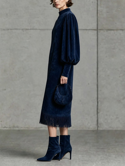 Simone | Robe Midi en Suédine Bleu Marine à Manches Ballon et Ourlet à Franges