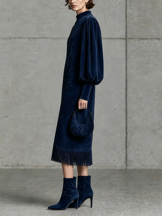 Simone | Robe Midi en Suédine Bleu Marine à Manches Ballon et Ourlet à Franges