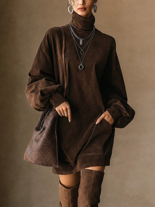 Sylvie | Mini Robe en Suédine Marron à Col Roulé et Manches Ballon