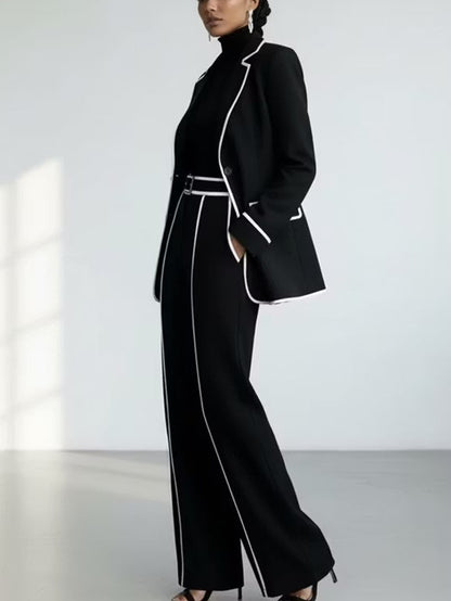 Valentine | Tailleur Deux Pièces Noir à Passepoils Contrastants, Blazer et Pantalon Large