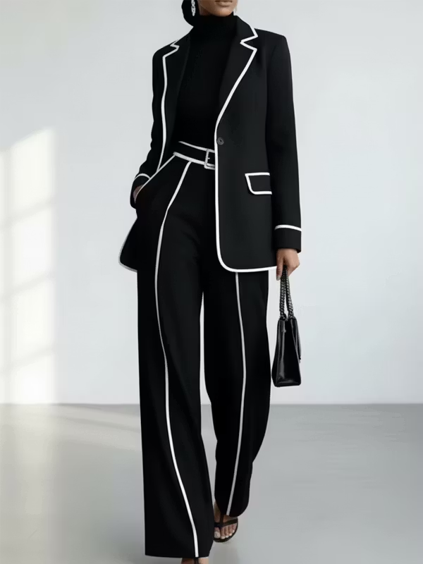 Valentine | Tailleur Deux Pièces Noir à Passepoils Contrastants, Blazer et Pantalon Large