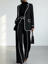 Valentine | Tailleur Deux Pièces Noir à Passepoils Contrastants, Blazer et Pantalon Large