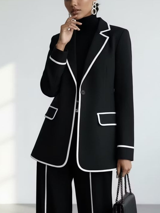 Valentine | Tailleur Deux Pièces Noir à Passepoils Contrastants, Blazer et Pantalon Large