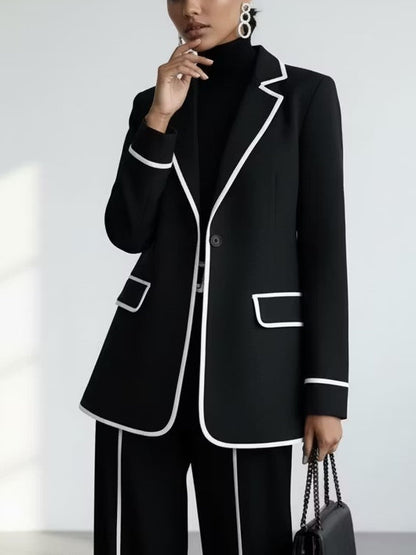 Valentine | Tailleur Deux Pièces Noir à Passepoils Contrastants, Blazer et Pantalon Large