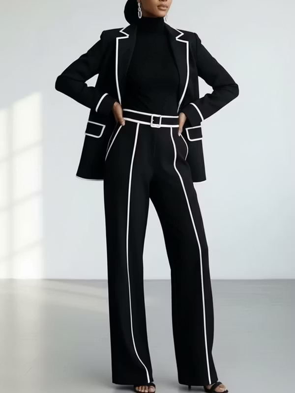 Valentine | Tailleur Deux Pièces Noir à Passepoils Contrastants, Blazer et Pantalon Large