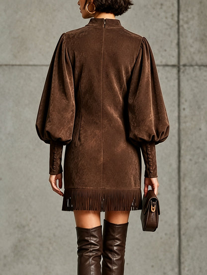 Véronique | Mini Robe en Suédine Marron Chocolat à Manches Ballon et Ourlet à Franges
