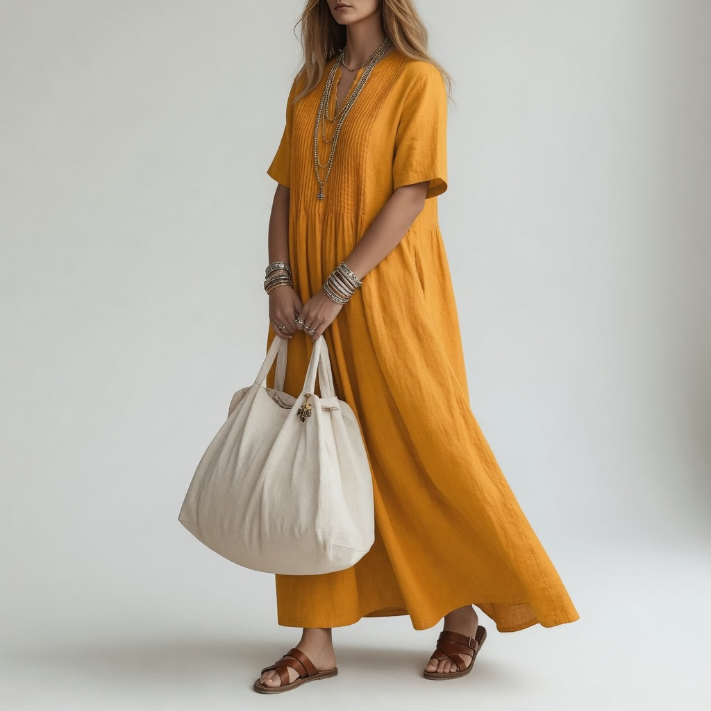 Pélagie™ — Robe longue en coton à col V, synonyme de liberté estivale