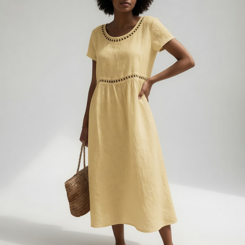 Pernelle™ | Robe mi-longue 100 % coton brodée, à la féminité douce