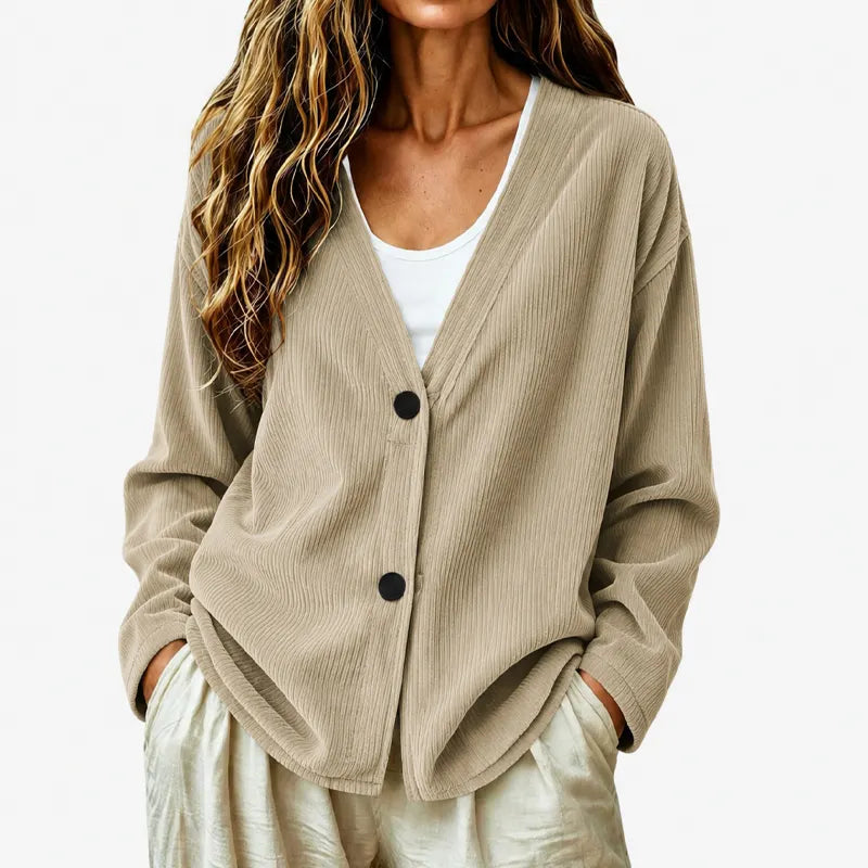 Cardigan femme côtelé à col V boutonné