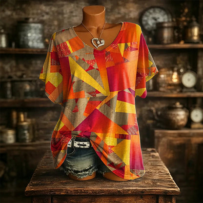 T-shirt femme à col V avec imprimé abstrait