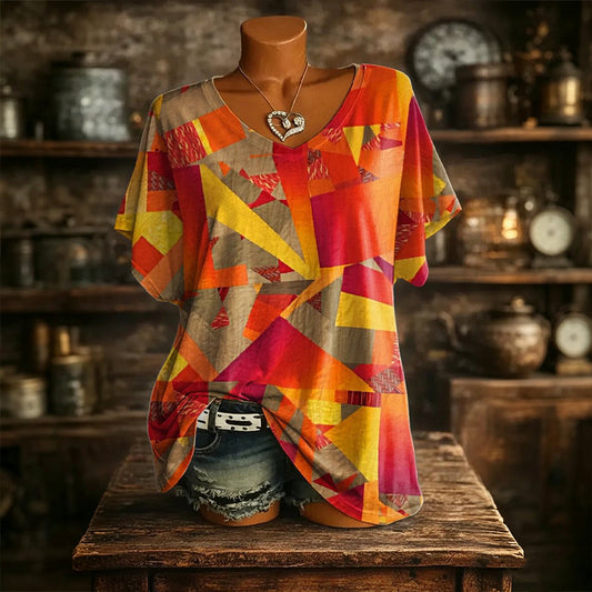 T-shirt femme à col V avec imprimé abstrait