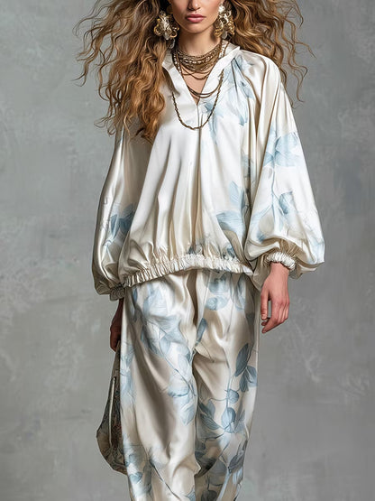 Aurélie | Ensemble en Satin Élégant Imprimé Fleuri Bleu Style Bohème
