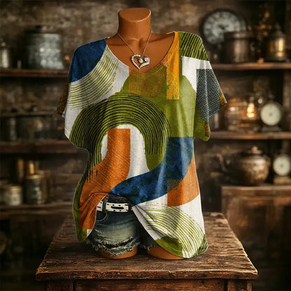 T-shirt femme à col V avec imprimé abstrait
