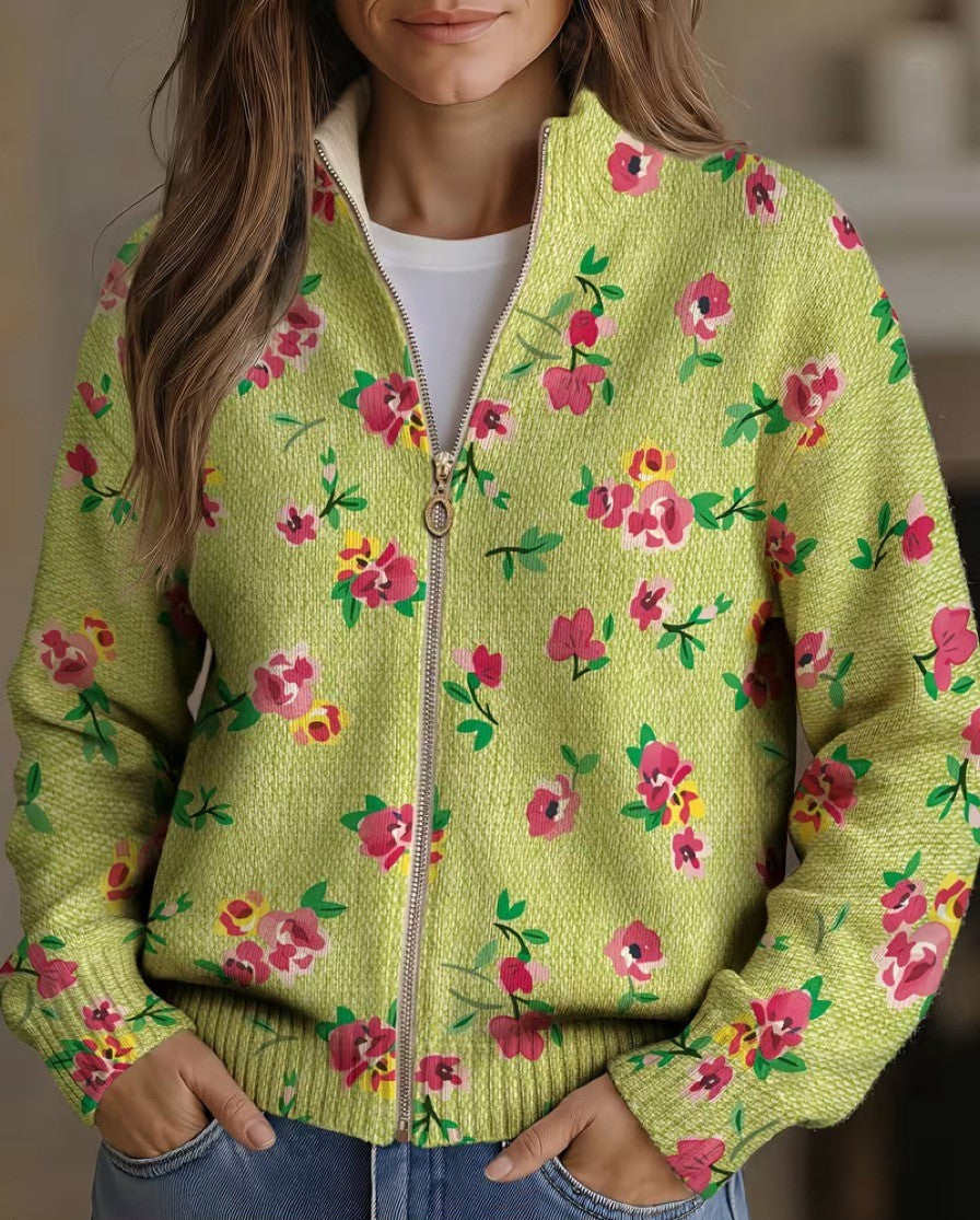 Margot | Cardigan Zippé Fleurs Roses et Citron Vert