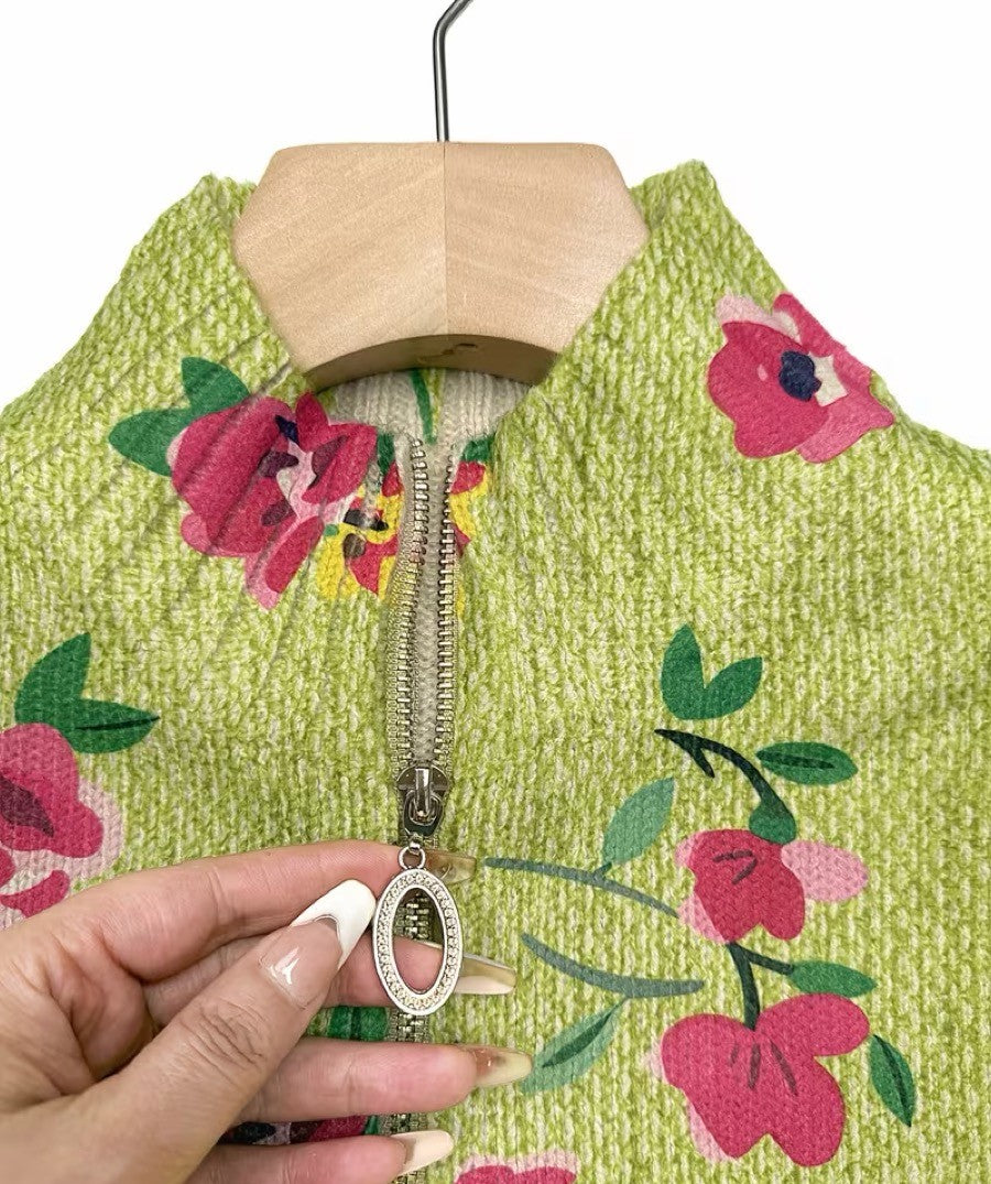 Margot | Cardigan Zippé Fleurs Roses et Citron Vert