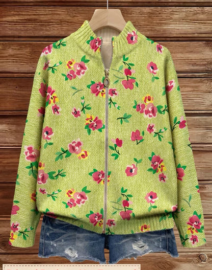 Margot | Cardigan Zippé Fleurs Roses et Citron Vert