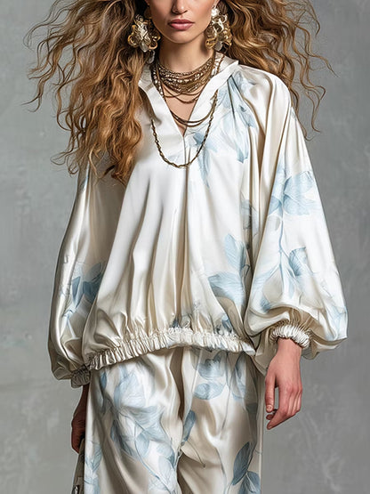 Aurélie | Ensemble en Satin Élégant Imprimé Fleuri Bleu Style Bohème