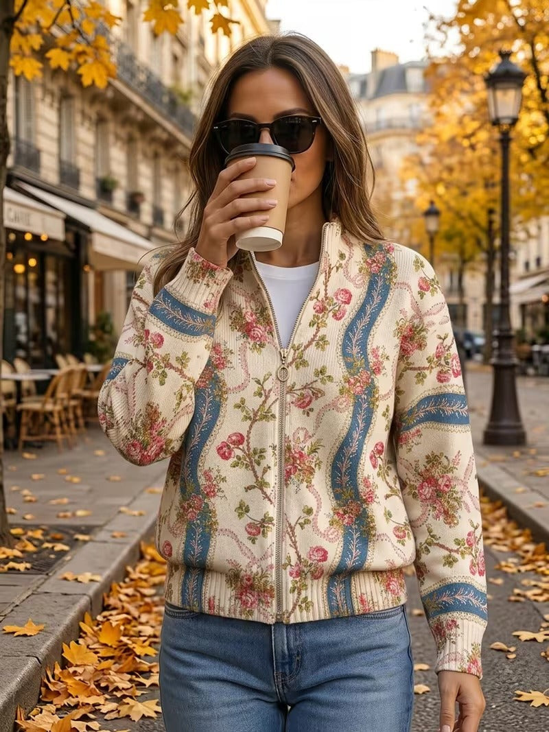 Roseline | Cardigan Zippé Rubans et Roses Grimpantes