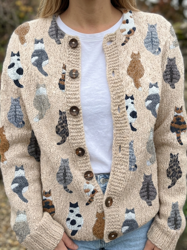 Cardigan femme en maille à motif chat boutonné