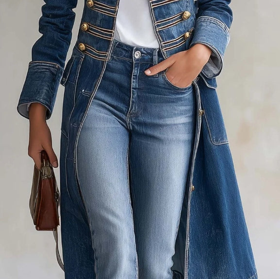 Joséphine | Manteau officier en denim délavé, boutons dorés.