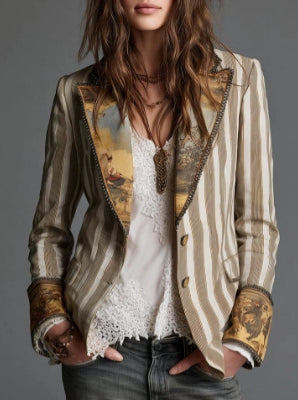 Zoé | Blazer pour femme à revers et imprimé à rayures bohème