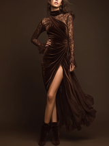 Francine | Robe Longue en Velours Marron à Col Montant, Empiècements en Dentelle et Fente Latérale