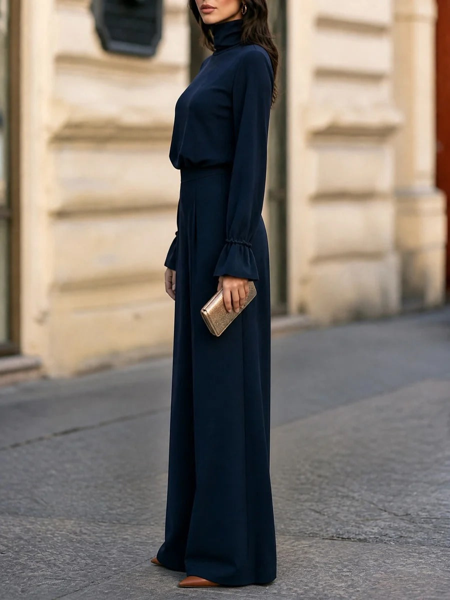 Laetitia | Ensemble Élégant Bleu Marine, Haut Col Roulé à Manches Évasées et Pantalon Large